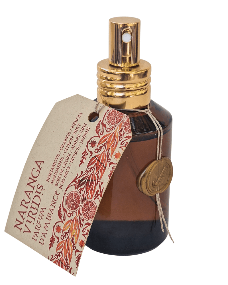 Spray 100ml parfum d'ambiance écorces d'oranges vertes, Naranga viridis, chez Jeudi